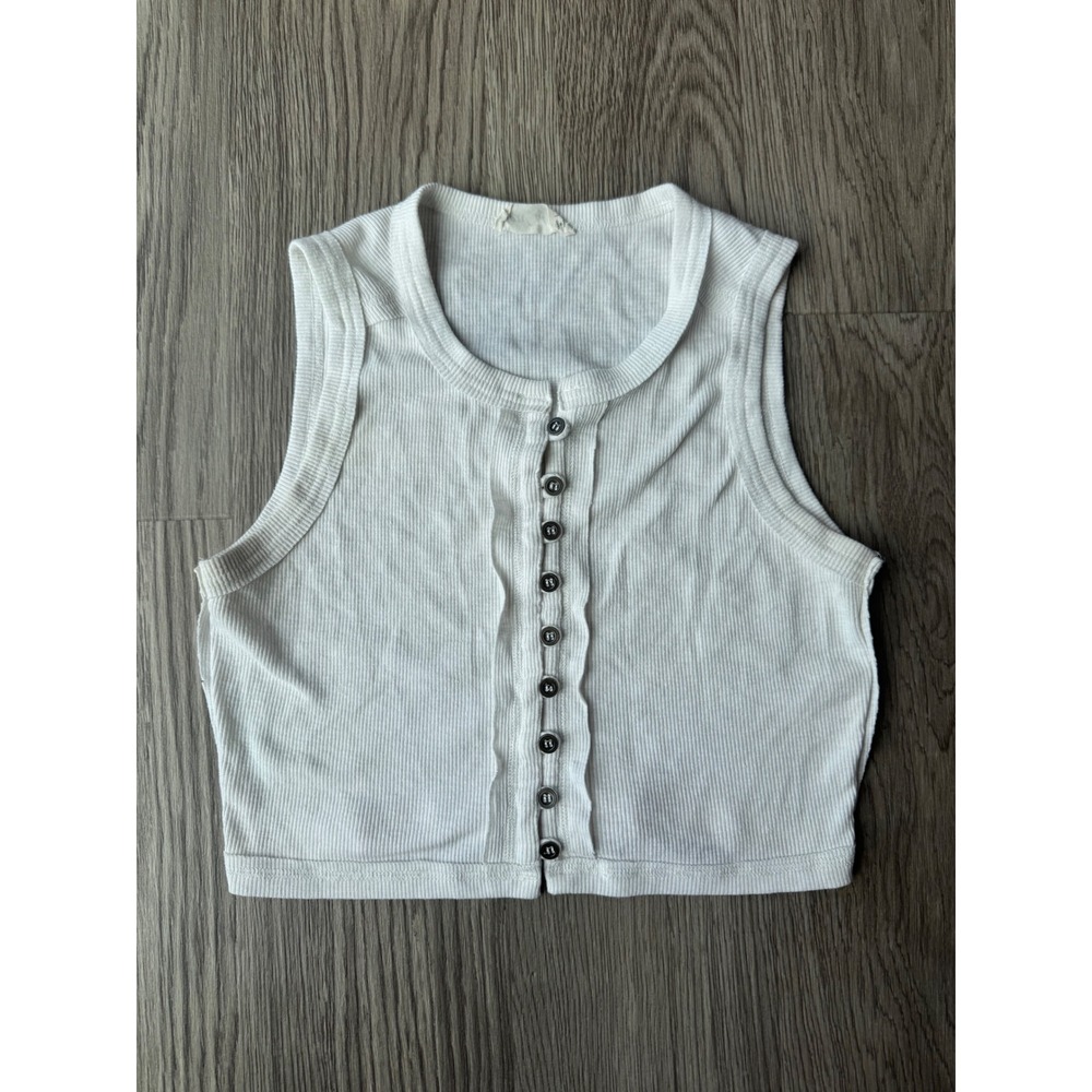 New In White Ribbed Knit Button Down Sleeveless Crop Top Tank Medium